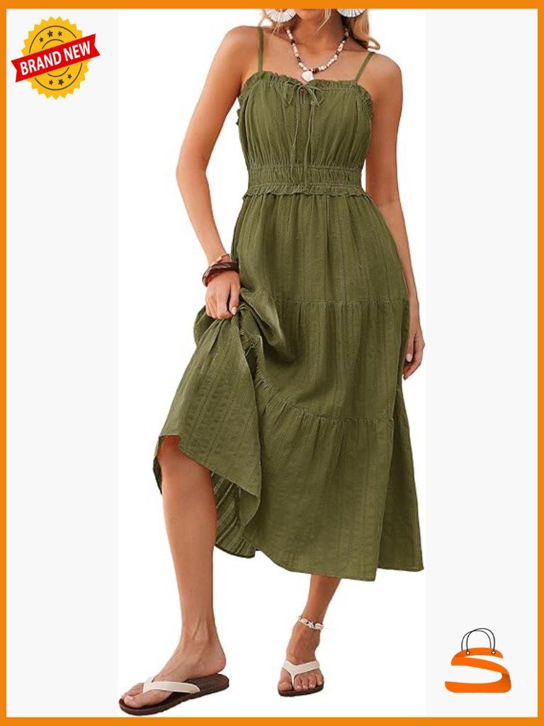 Spaghetti Strap Midi Sundress With Pockets Sleeveless Cotton Boho Beach Dress